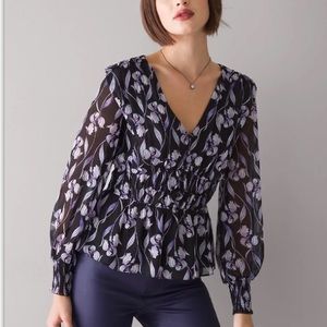 White House Black Market Iris Print Fitted Waist Blouse Black/Purple Size Medium